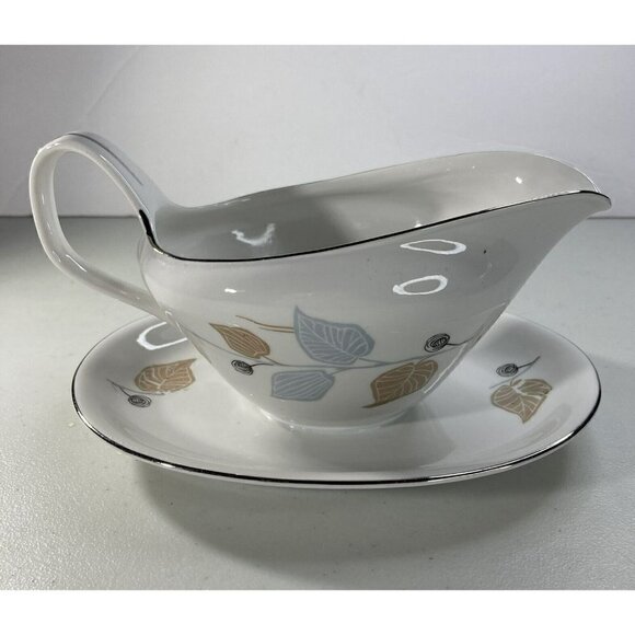 Bavaria Germany Fine China Mid-Century Blue Brown Leaf Gravy Boat Silver Edging - Picture 7 of 12